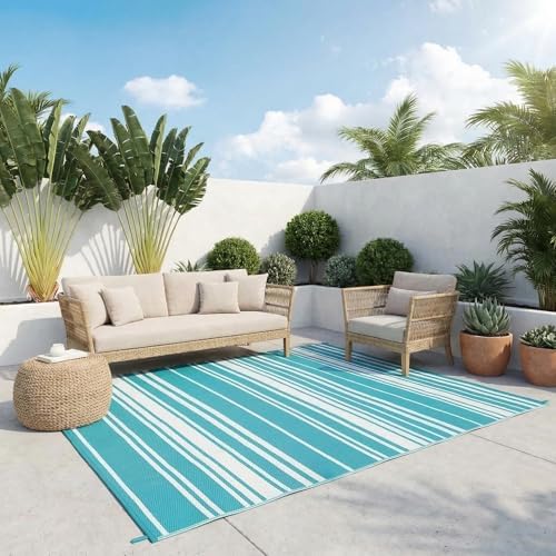 GAOMON 9x18 Outdoor Rug Modern Geometric Lines Large Plastic Straw Rugs Non Shedding Reversible Indoor Outdoor Rugs UV-Resistant Portable Outside Carpet for Trailer Backyard Balcony Light Blue White by GAOMON