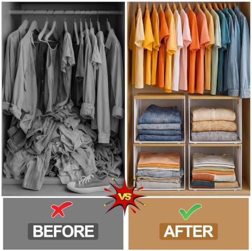 AceOrbit 3 Pcs Widened Stackable Closet Organizer and Storage with Wood Top Foldable Metal Cube Closet Shelf DIY Space Saving Linen Clothes Shoe Bed Sheet Bin Wardrobe Bedroom ( 15.6"x12"x8.7", Dark) - Image 4