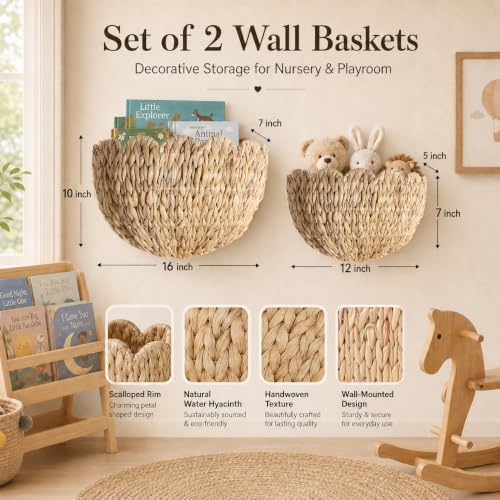 Scalloped Hanging Wicker Baskets for Wall, Scalloped Home Decor, Hanging Woven Rattan Basket for Flowers Front Door Bathroom Storage (Water Hyacinth-Set of 2) - Image 3