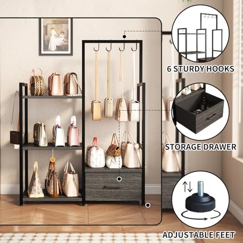 3-Tier Wooden Purse Display with Large Drawer & 6 Hooks - Image 5