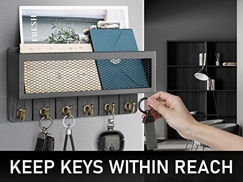 Rebee Vision Key Holder for Wall Set : 14'' Arc Key Rack with 5 Metal Hooks and 13'' Mail Organizer Basket with 6 Key Hooks, Key Hanger for Keys, Coats, Letters - Black - Image 5
