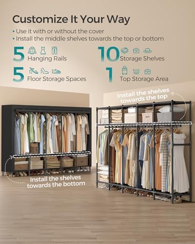 SONGMICS Wardrobe Closet, Fabric Cover, 5 Hanging Rails, 10 Shelves - Image 7
