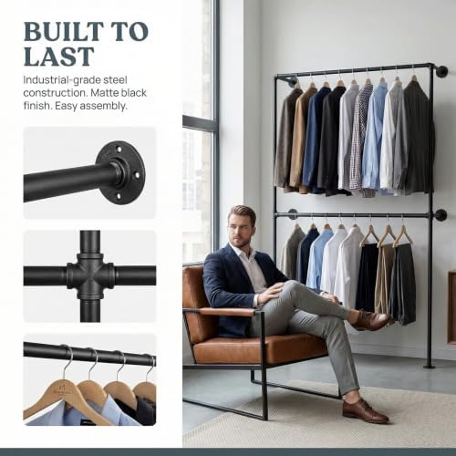 Industrial Pipe Clothing Rack Wall Mounted Garment Rack, Black Pipe Clothes Rack Retail Display Hanging Rod for Closet Storage, Laundry Room - Image 2