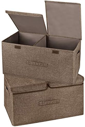 2 Pack Large Storage Boxes with Lids and Handles, Collapsible Linen Storage Bins Organizer Containers Baskets Cube with Removable Divider for Home Bedroom Closet Office (Coffee, Large) by Unknown