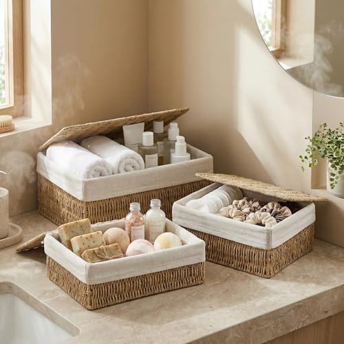 Large Storage Baskets with Lid Set of 3, Woven Bins with Liner - Image 7