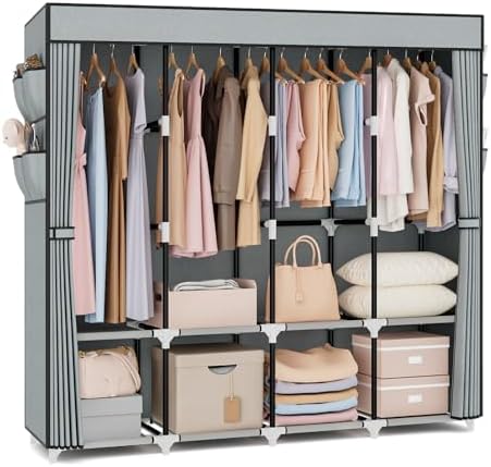 VTRIN Portable Closet for Hanging Clothes 67 Inch Wide Large Capacity Portable Wardrobe Closet with Cover, 4 Storage Shelves and 4 Hanging Rod Sturdy Free Standing Closet for Bedroom, Grey by VTRIN