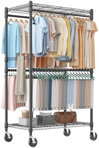 Homdox Heavy Duty Rolling Clothes Rack, Adjustable Clothing Rack for Hanging Clothes, Portable Closet Rack with 4 Hanging Rods, 2 Storage Shelves, 35.5" W x 20.5" D x 80" H, Black by HOMDOX