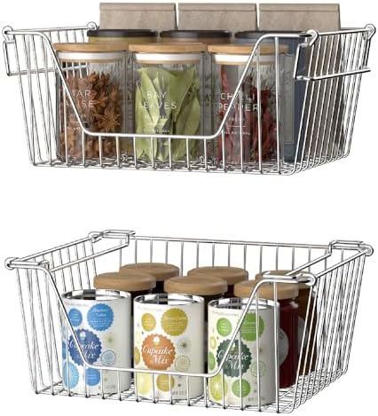 Slideep Large Stackable Storage Baskets Cabinet Organizer Sturdy Metal Wire Pantry Freezer Bin for Pantry Home Bathroom Kitchen Organization 4 Packs - Image 2