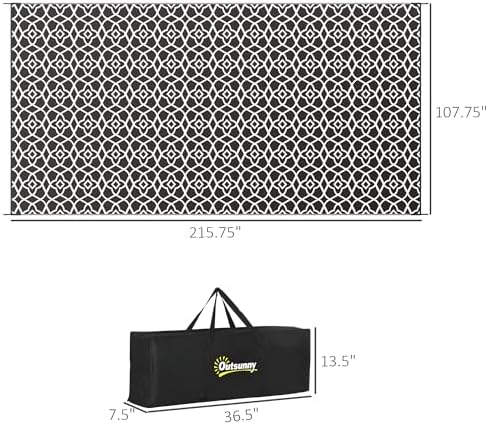 Outsunny Outdoor Rug for Patio Waterproof, 9' x 18', Black & White Clover - Image 3