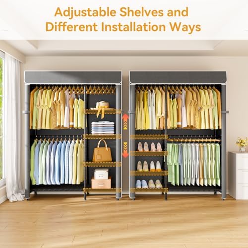ULIFHOME F2C Clothes Rack with Cover, Black Closet with Dark Gray Cover - Image 3