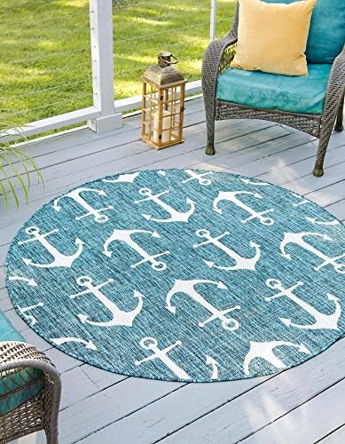Unique Loom Outdoor Coastal Collection Area Rug - Ahoy (7' 10" Round, Teal/ Ivory) by UniqueLoom