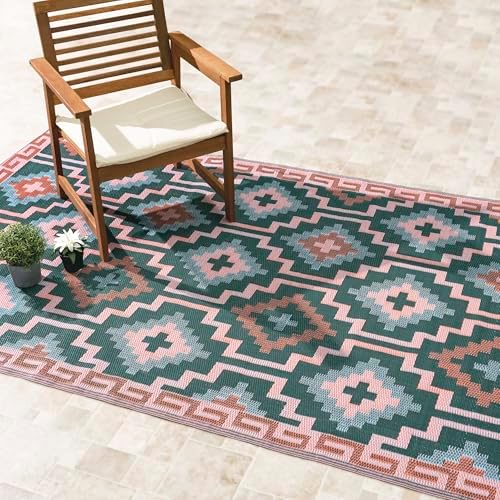 Fab Habitat Outdoor Rug - Waterproof, Fade Resistant, Crease-Free, Reversible - Premium Recycled Plastic - Vintage Boho Kilim - Patio, Porch, Deck, Balcony - Lhasa - Green - 5 x 8 ft by FabHabitat