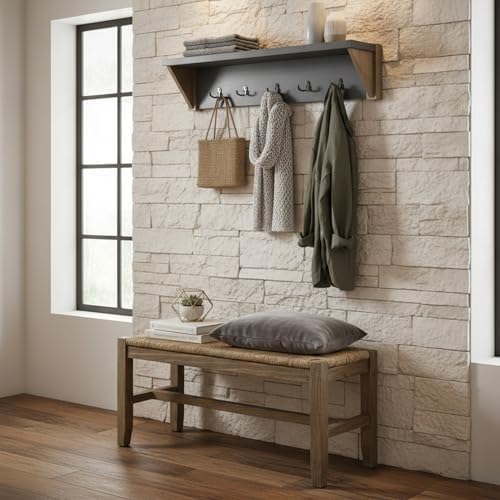 Alaterre Furniture Newport 40" Coat Hook with Shelf and Rush Bench Set - Image 5