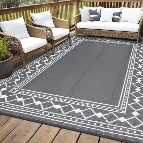 GlowSol 8x10 Waterproof Outdoor Rug Reversible Plastic Straw Area Rug, Portable RV Camping Mat for Patio Deck Backyard Porch Balcony Beach Stain Resistant Outdoor Floor Carpet for Outside, Grey/White - Image 2