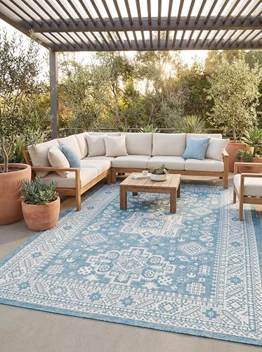 Rugs.com Outdoor Aztec Collection Rug – 7' x 10' Aqua Flatweave Rug Perfect for Living Rooms, Large Dining Rooms, Open Floorplans by Rugscom