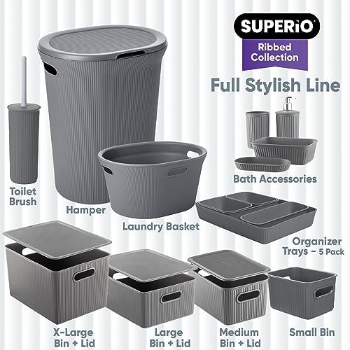 Superio Ribbed Collection - Decorative Plastic Basket Open Home Storage Bins Organizer, Grey (Set of 4) 1 Large, 1 Medium, 2 Small - Container Boxes for Organizing Closet Storage Bins for Shelves - Image 6