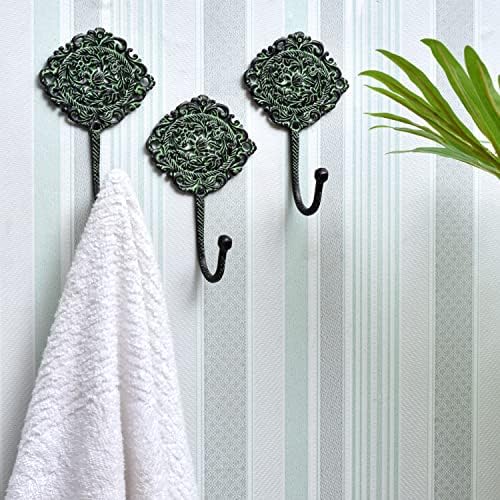 Indian Shelf Brass Antique Wall Hooks for Hanging Coat | Antique Hooks for Hanging | Unique Coat Hooks |Antique Brass Hooks | Antique Farmhouse Hooks | Green Hooks- 3 Pieces - Image 3