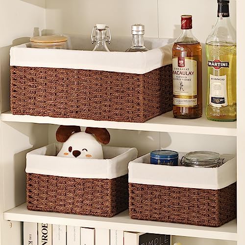 Vagusicc Wicker Basket, Set of 3 Hand-woven Storage Baskets for Organizing, Decorative Rectangle Wicker Storage Basket Bins with Handles, Small Toilet Paper Storage Baskets for Shelves & Decor, Brown - Image 5