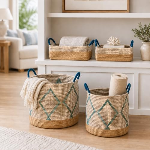 Handmade Seagrass Storage Basket Set - 4 Pack with Built-in Carry Handles, 7.6-49L Capacity, Multi-Size Large Capacity Organizer for Home, Bedroom, Living Room, 96.3L Total - Image 2