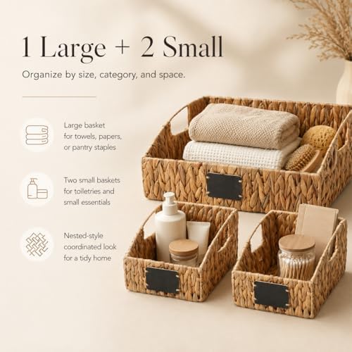Water Hyacinth Pantry Baskets Set of 3, Chalkboard Labels - Image 2