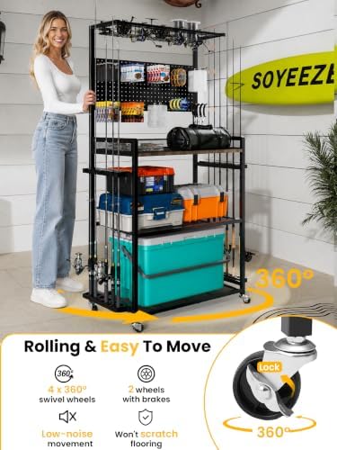 SOYEEZE Fishing Rod Holders for Garage,Fishing Gear Holder for Fishing Rod Tackle Box Storage，Fishing Pole Holders for 12 Rods with Hooks and Pegboard,Fishing Cart with Reel Rack, Large Size - Image 5