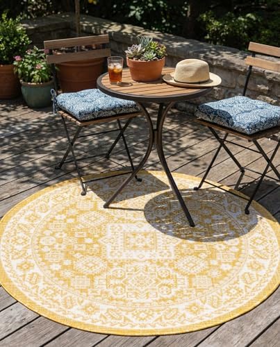 Rugs.com - Outdoor Aztec Rug – 4 Ft Round Yellow Indoor/Outdoor Rug – Flatweave Aztec Design for Patio, Deck, and Porch by Rugscom