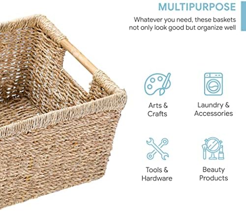 Large Wicker Basket Rectangular with Wooden Handles for Shelves, Seagrass Basket Storage, Natural Baskets for Organizing, Wicker Baskets for Storage - 3 Pack Large - Image 2