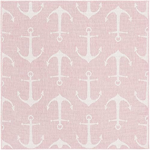 Unique Loom Outdoor Coastal Collection Area Rug - Ahoy (5' 3" Square, Pink/ Ivory) - Image 3