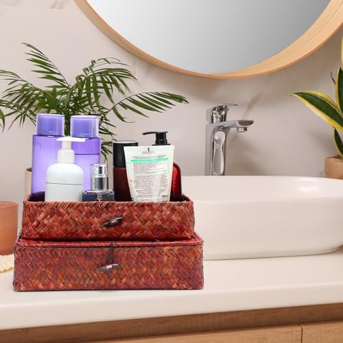 Didaey Set of 4 Seagrass Basket with Lid Wicker Storage Basket Decorative Storage Boxes with Lids Flat Storage Bins Woven Organizer Baskets for Shelf Closet Bedroom, 4 Sizes (Retro Red) - Image 6