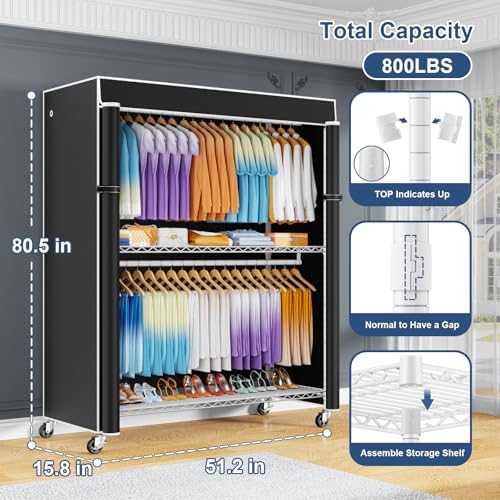 ULIFHOME P8C Max Heavy Duty Clothes Rack（With Extended Width Design） Rolling Clothing Racks for Hanging Clothes with Lockable Wheels，51.2"W x 15.8"D x 80.5"H，Load 800LBS，White Rack with Black Cover - Image 2