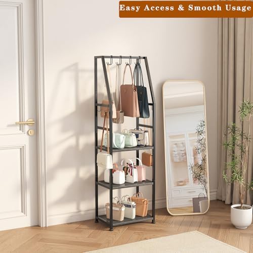 Tall Narrow Purse Organizer for Closet, 3-Tier Floor Standing Handbag Storage Rack with 8 Adjustable Hooks, Space-Saving Purse Display Stand for Small Space Bedroom Entryway(Dark Gray) - Image 2