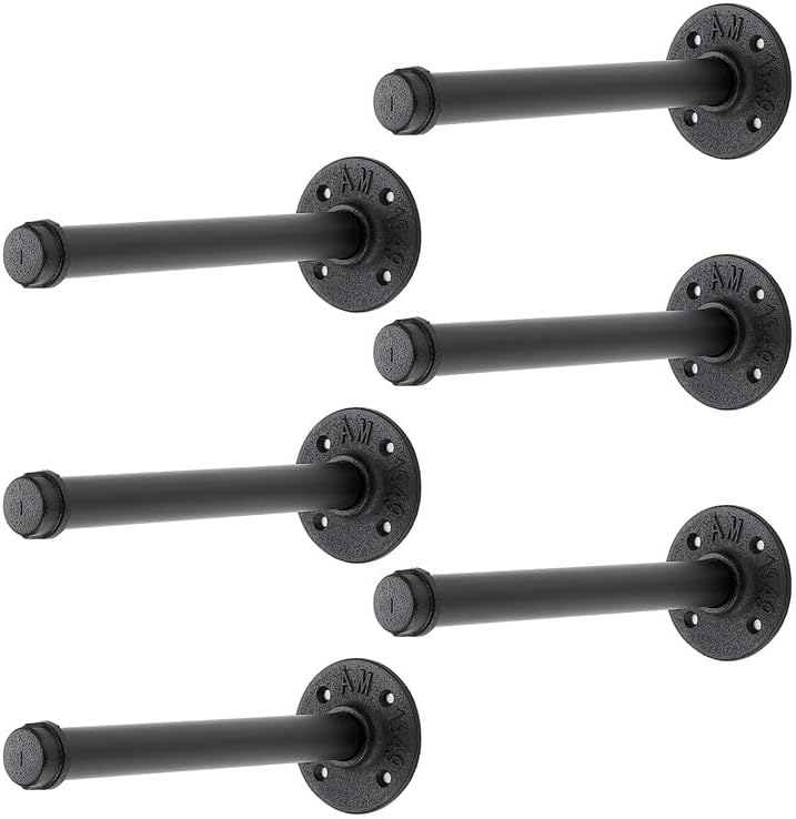 10 Inch Black Industrial Pipe Floating Clothing Rack Wall Mounted, 6 Pack by HomeExpert