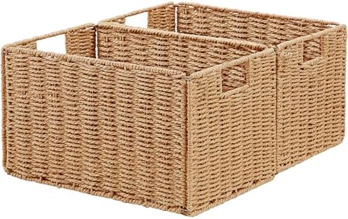 Vagusicc Wicker Storage Basket, Set of 2 Hand-Woven Paper Rope Wicker Basket, Small Storage Baskets for Organizing Toilet Paper Basket, Foldable Large Cube Storage Organizer Bins for Shelves (Natural) by Vagusicc
