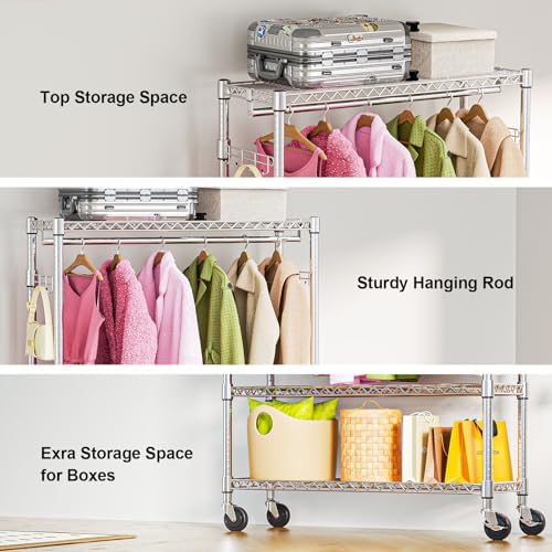 M MZG Heavy Duty Rolling Garment Rack 3 Tiers Adjustable Wire Shelving Clothes Rack with 1 Rods and Side Hooks,Storage Closet Clothing Rack with Wheels Chrome 15.7" D x 45.3" W x 75.6" H - Image 4