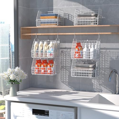 PUPPYCUTE Hanging Closet Organizer and Storage, Clothes Hanging Shelves Wire Baskets for Clothing Sweaters Purse Handbags Shoes White 5 Tier - Image 5
