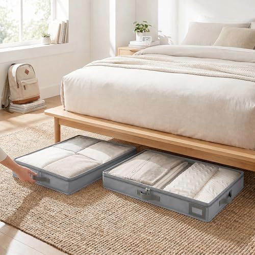 4" Low Profile Under Bed Storage Bins (3-Pack, Charcoal Grey), Slim 600D Oxford Organizer Containers with Matching Vegan Leather Handles & Clear Window, for Shoes, Clothing & Under-Sofa Storage - Image 5