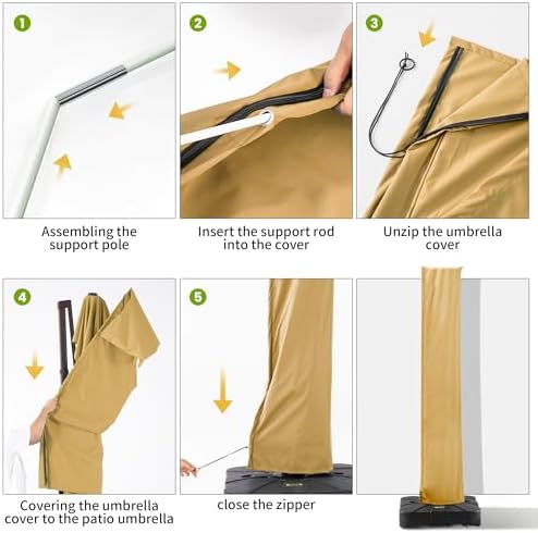 Cantilever Patio Umbrella Cover with Zipper and Pole, Khaki - Image 6