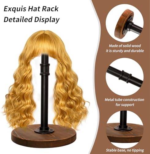 exquis Adjustable Helmet & Hat Display Stand – Rustic Wood Base with Matte Black Metal Rod, Height Adjustable 12"–17.5", Set of 2 - Image 4