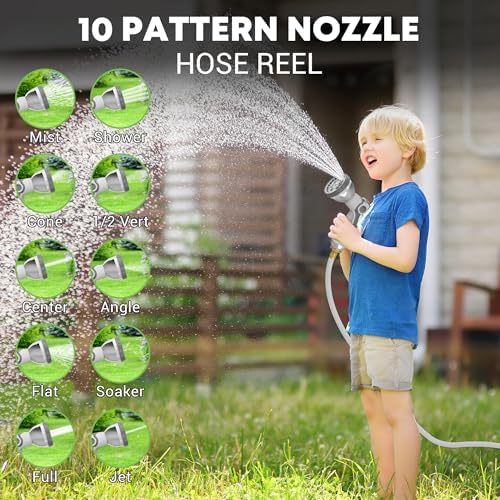 Retractable Garden Hose Reel, 1/2" x 100ft Wall Mount Heavy Duty Automatic Hose Reel with 10 Pattern Nozzle, Any Length Lock & Slow Return System, 180°Swivel Bracket Upgraded UV Resistant,Light Grey - Image 3