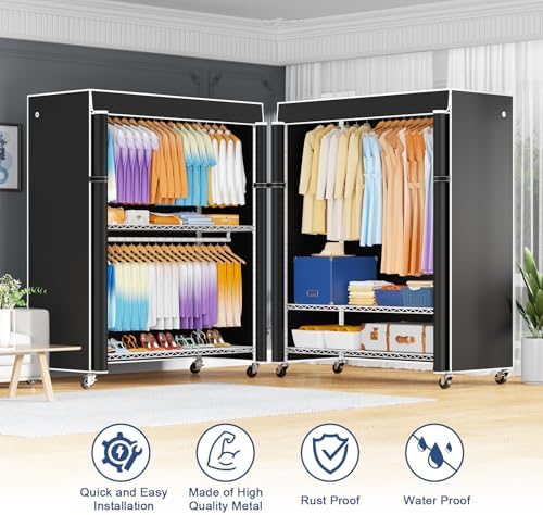 ULIFHOME P8C Max Heavy Duty Clothes Rack（With Extended Width Design） Rolling Clothing Racks for Hanging Clothes with Lockable Wheels，51.2"W x 15.8"D x 80.5"H，Load 800LBS，White Rack with Black Cover - Image 4