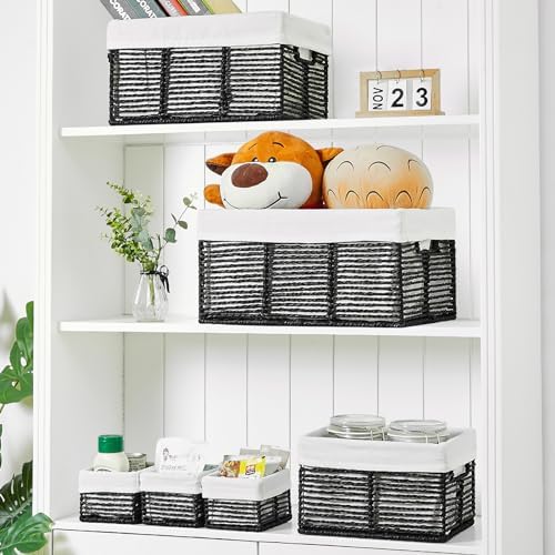 Vagusicc Wicker Storage Basket, 6 Pack Baskets for Organizing, Wicker Baskets with Handle, Rectangular Woven Basket for Storage Shelves, Cube Storage Bins for Closet/Clothes/Dresser, Black - Image 5