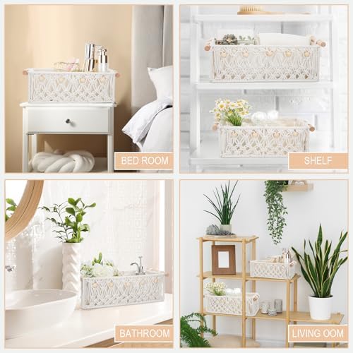 Vesici 4 Pcs Boho Macrame Baskets Shelves 13" 11" White Wood Handles - Image 4