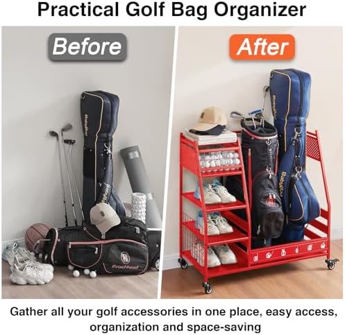 Lauren&Harold Golf Bag Organizer Garage Storage, Golf Storage Rack Stand Fits 2 Golf Bags, Golf Clubs and Other Golfing Equipment Accessories, Golf Organizer for Garage, Club, Shed, Basement - Image 6