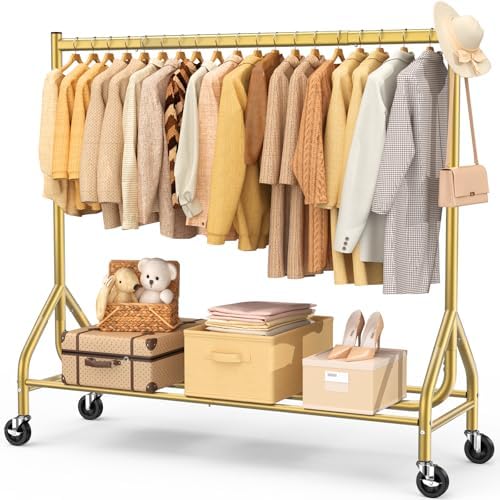 EAGMAK Heavy Duty Clothes Rack Load 420 LBS, Rolling Garment Rack with Lockable Wheels, Standing Metal Clothing Rack, Portable Wardrobe Sturdy Coat Rack for Hanging Clothes (Gold, 59″×18.9″×63″) by EAGMAK