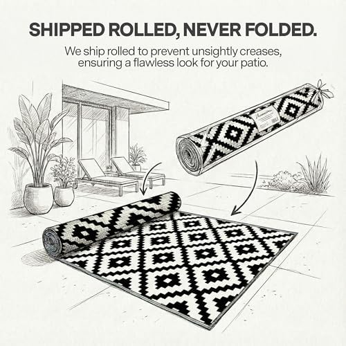 FH Home Outdoor Rug - Waterproof, Fade Resistant, Reversible - Premium Recycled Plastic - Geometric - Patio, Deck, Porch, Balcony, Laundry Room - Aztec - Black & White Crease Free - 4 x 6 ft - Image 3