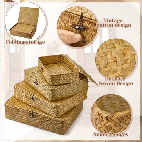 Didaey Set of 4 Seagrass Basket with Lid Wicker Storage Basket Decorative Storage Boxes with Lids Flat Storage Bins Woven Organizer Baskets for Shelf Closet Bedroom, 4 Sizes (Yellow) - Image 3