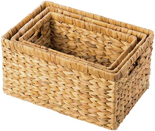 Natural Woven Water Hyacinth Wicker Rectangular Storage Bin Basket with Handles, Set of 3 - Image 3