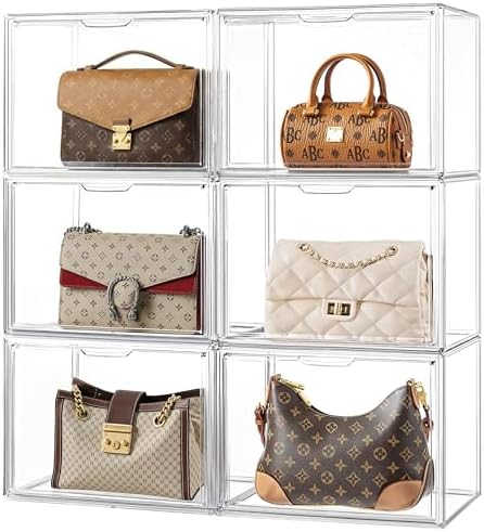HBlife Purse Storage Organizer for Closet, Clear Stackable Handbag Display Case Box with Magnetic Door for Collectibles, Cosmetics, Women Heels and Toys, Large, 6 Pack by HBlife