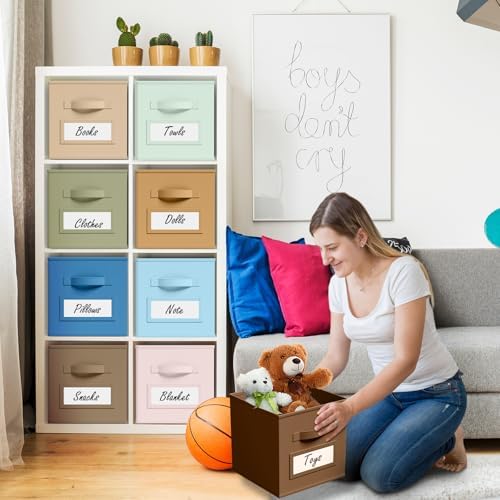 Teenyyou 10 Pack Fabric Storage Cubes 11 Inch Collapsible Cube Bins with Label Window & Handle Foldable Organizers Baskets for Shelf Closet Nursery Kids Room Clothes Book Toy(Boho) - Image 6