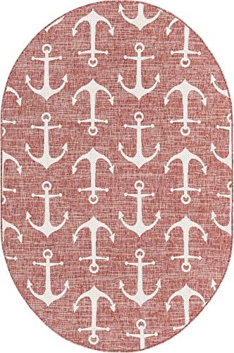 Unique Loom Outdoor Coastal Collection Area Rug - Ahoy (5' 3" x 8' Oval, Rust Red/ Ivory) - Image 3